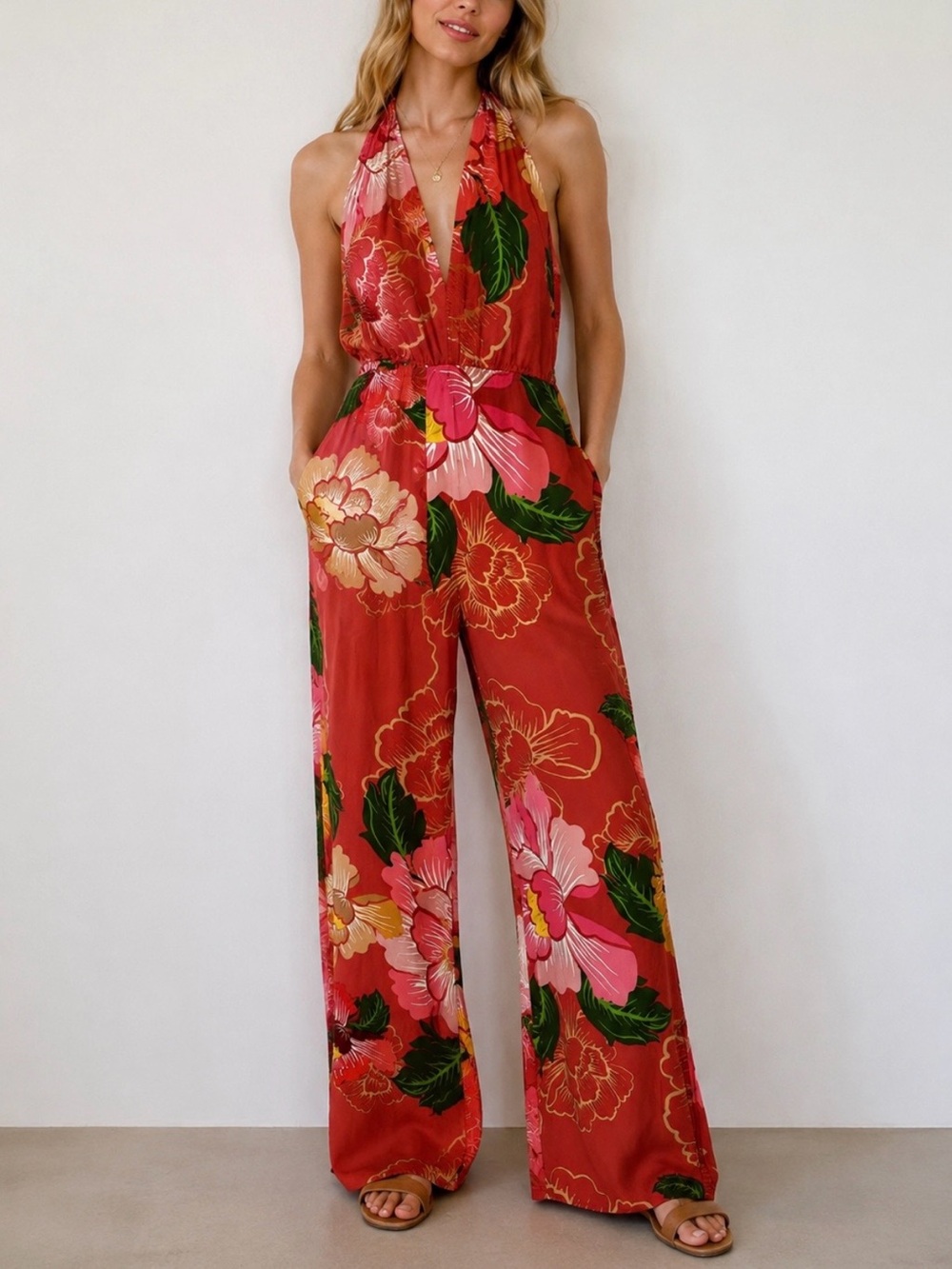 AFGHAN Tropical Floral Halter Wide Leg Jumpsuit Resort Vacation Boho Petite XS